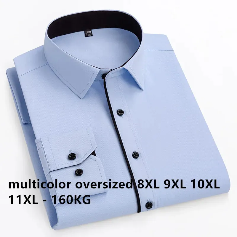 Big Size Long Sleeve Solid Color Regular Fit Casual Business White Black Dress Shirt 8XL 9XL 10XL 11XL160KG Formal Office Shirts240325