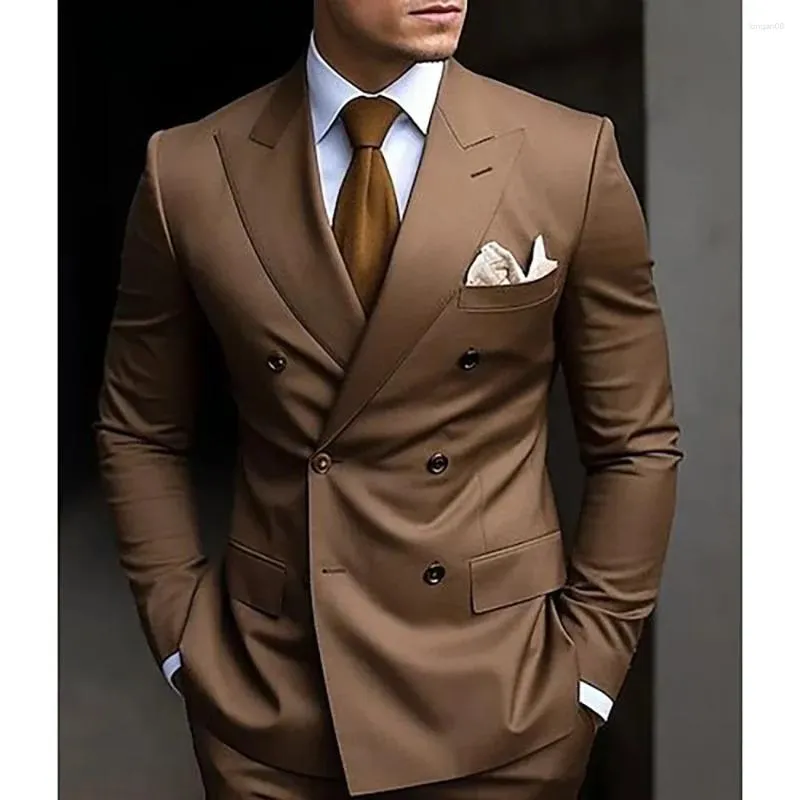 Men's Suits Summer Brown Men 2 Piece Chic Double Breasted Peaked Lapel Suit Slim Casual Business Prom Wedding Tuxedo (Jacket Pants)