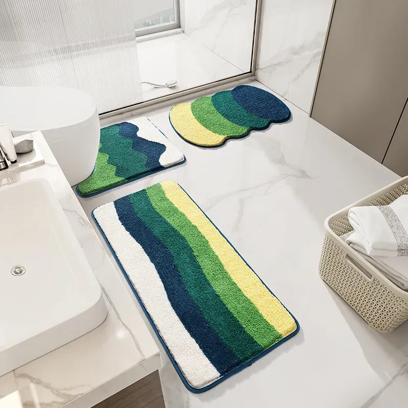 Tapis Ensemble de tapis de salle de bain simple et frais Tapis de bain décoratif Tapis de pied de toilette Tapis de pied absorbant antidérapant Tapis de bain en peluche épais Tapis