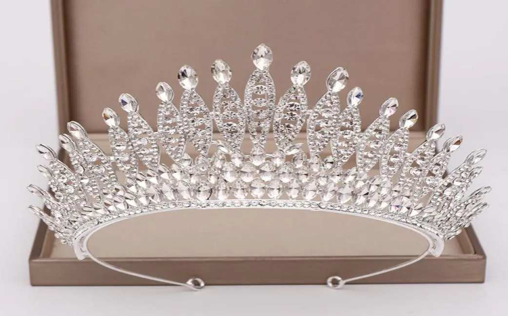 Headpieces Trendy Silver Color Rhinestone Crystal Queen Big Crown Bridal Wedding Tiara Women Beauty Pageant Bridal Hair Accessorie5380036