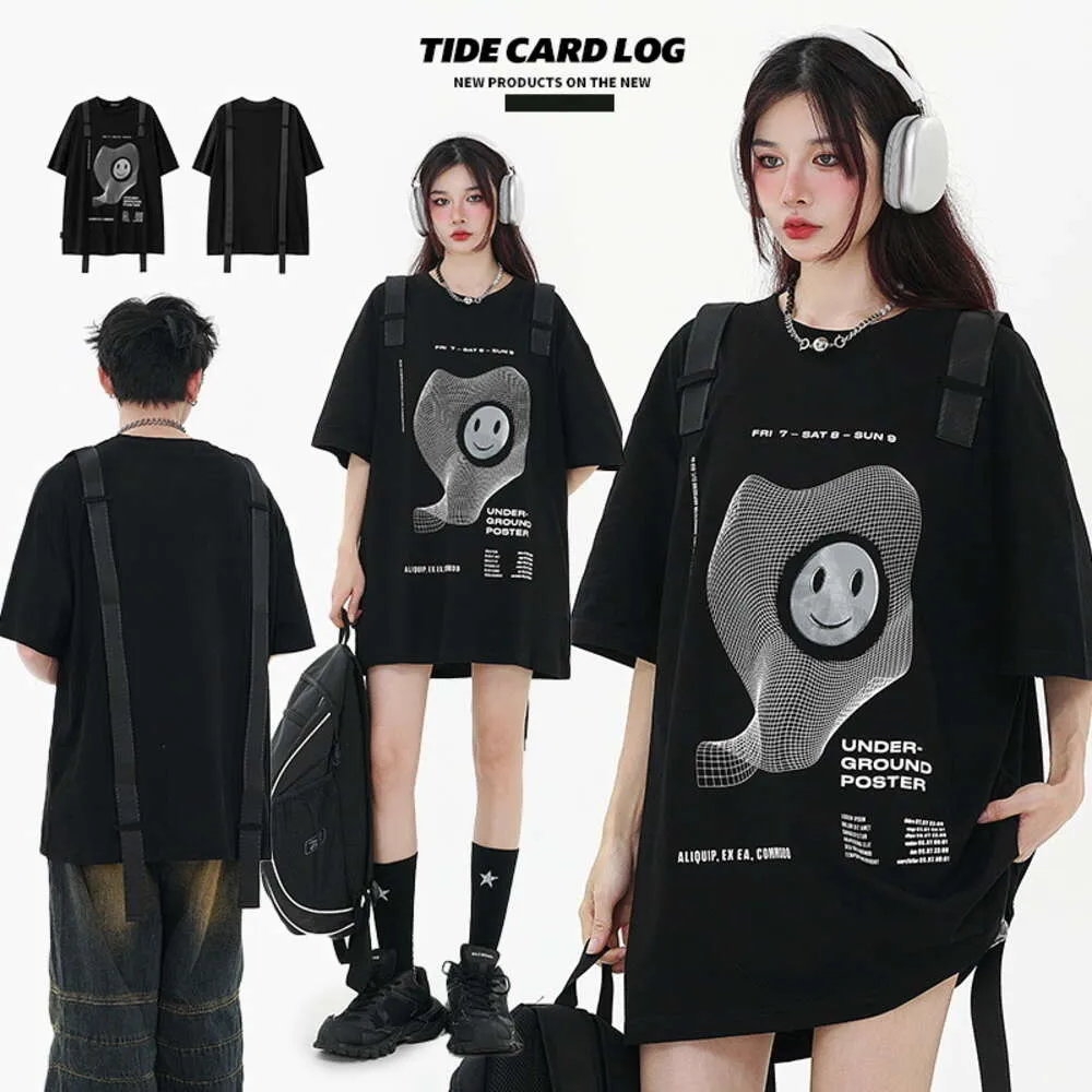 Maré cartão log verão 180g abstrato placa grossa impressão captura alegre tecelagem fita cinta rua na moda manga curta camiseta