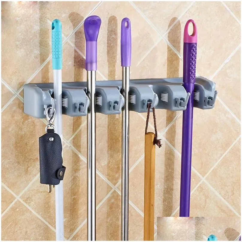 Hooks Rails Mti-Functional Broom Holders Kitchen Storage Hook Wall Mounted 3/4/5 Position Anti-Skid Broomstick Rack Save Space Drop De Ot3Xi