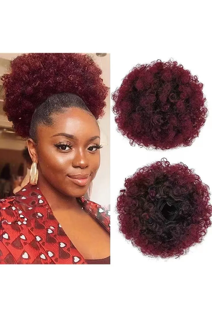 Red Ombre Afro kinky curly curly ponytrick ponytail clip malaysian virgin hair clip in extensions color 1b 99j burgundy ponytail for Black Women 120g