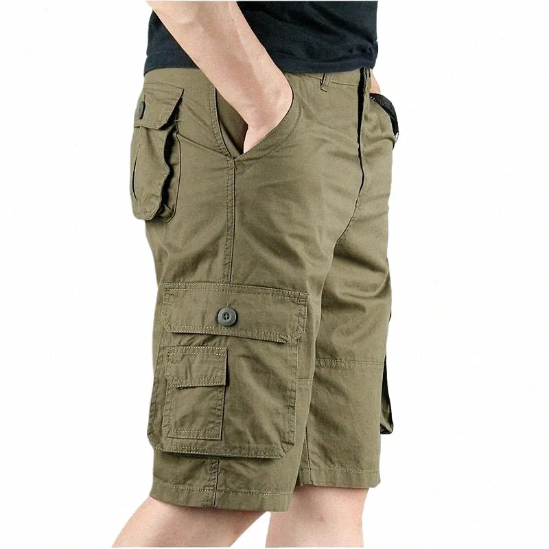 Summer Men's Casual Cott Cargo Shorts Overalls LG Längd Multi Pocket Hot Breeches Militär Capri Pants Man Croped Pants M6CJ#