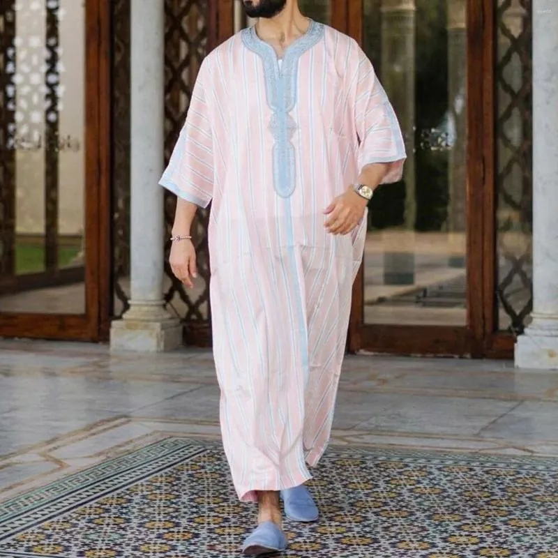 Men's Casual Shirts Male Striped Printed Robe V Neck Middle Sleeve Split Hem Blouse Elegant Solid Fashion Arab Muslim