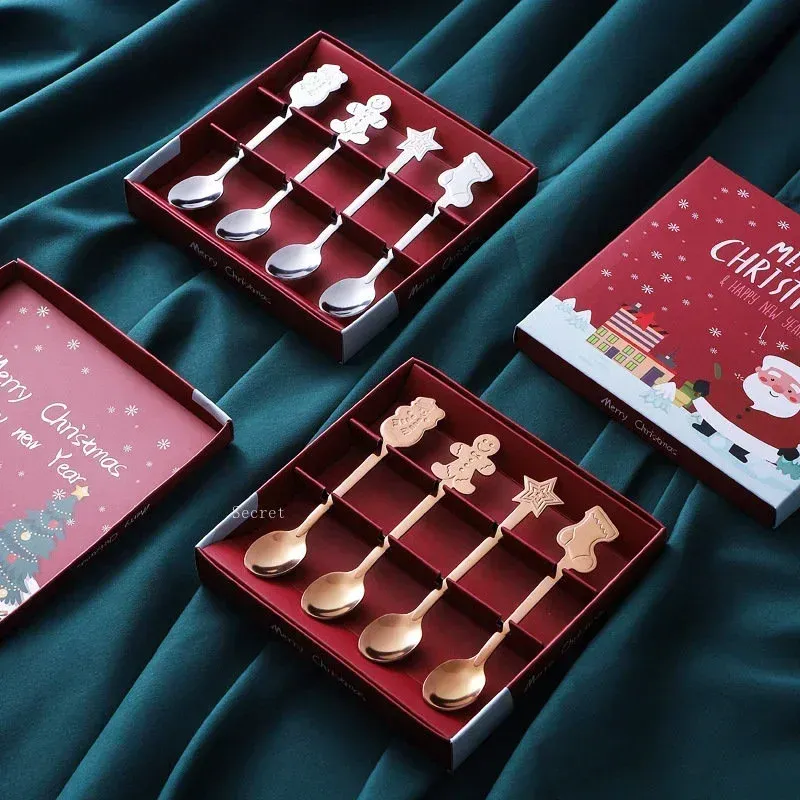 Christmas Coffee Spoons with Gift Box Teaspoons Dessert Stainless Steel Spoons Tableware Christmas Gift New Year 2022