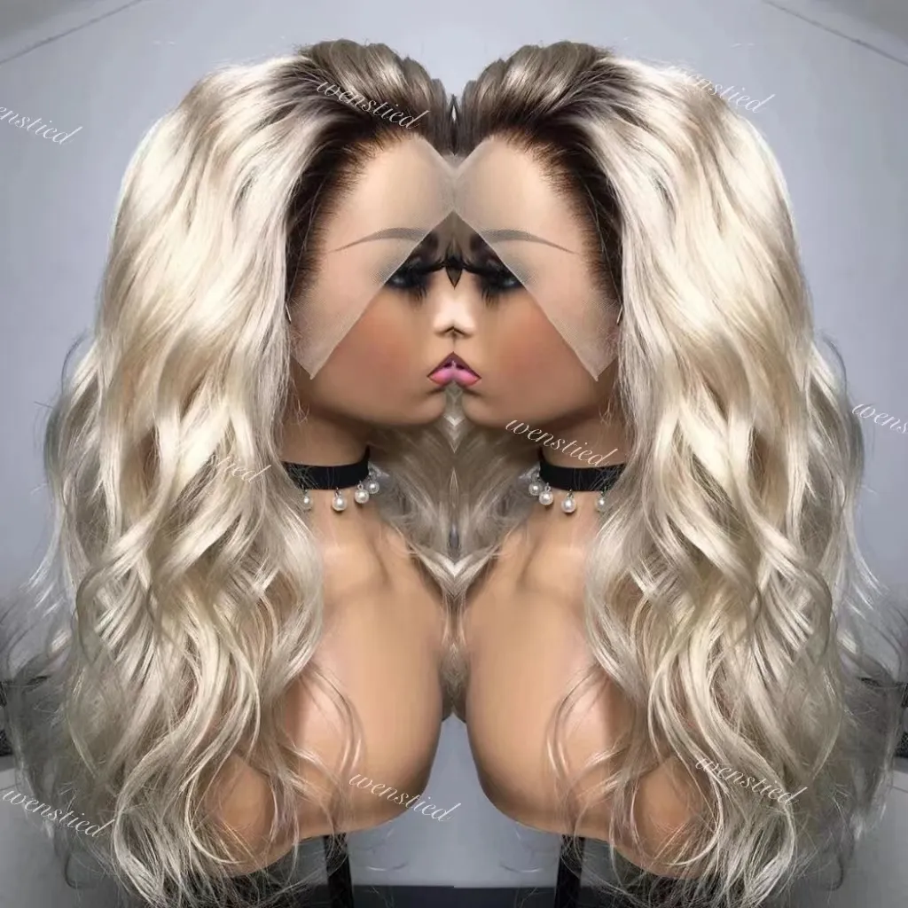 Ombre Ash Blonde spets framspeglar Human Hairdark Roots Chinese 13x4 Human Hair.