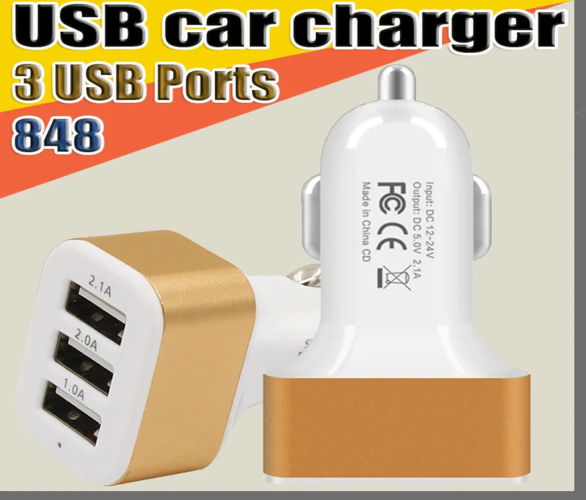 848 3 PORTS USB Bil Charger Travel Adapter Car Plug Triple Car USB Charger For Smartphone Tablet PC Smart Phone PDA utan PackAg4687503