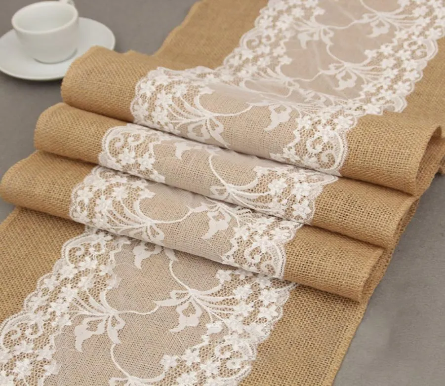 Hessian Lace Table Runner TableCloth 275x30cm Vintage Lace Burlap Linen Table Runner Wedding Party