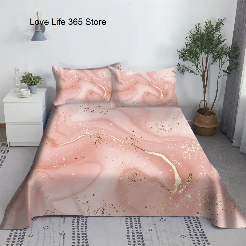 Conjunto novo padrão de mármore rosa conjunto folha cama 3d impresso folha plana com capa travesseiro para crianças adultos poliéster rei rainha tamanho