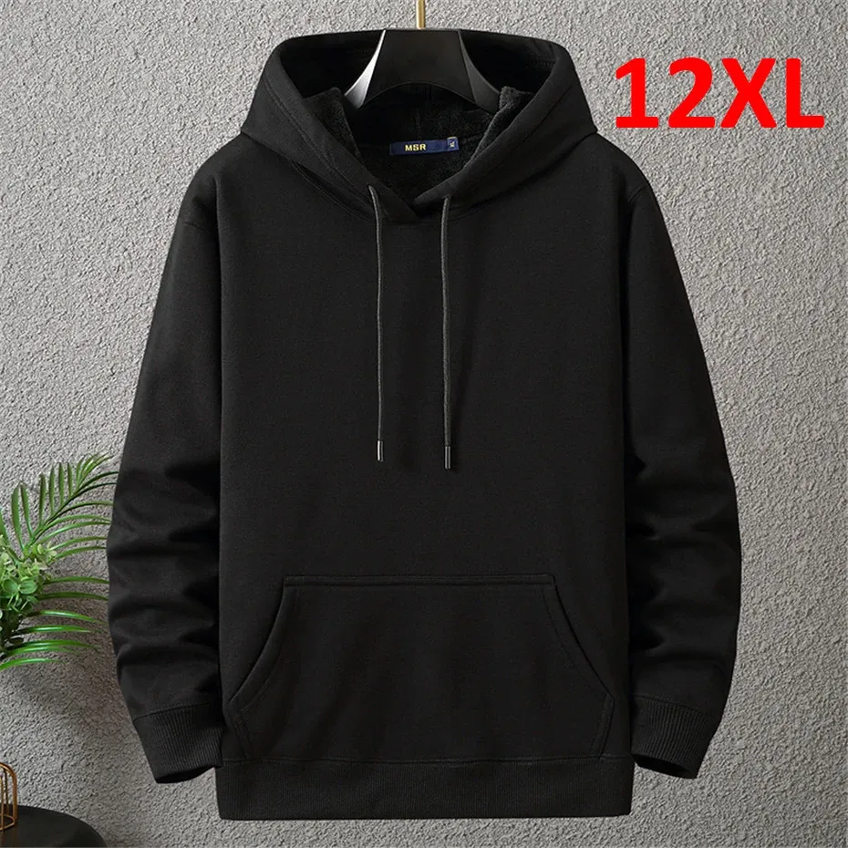 Hoodies de cor sólida masculino 12xl 10xl plus size outono inverno grosso velo hoodie masculino grande pulôver com capuz preto 240315