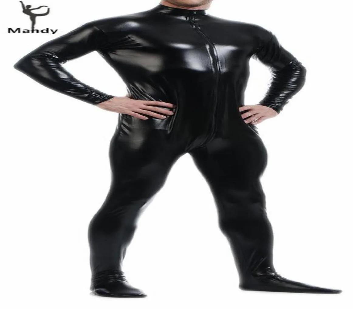 WholeAdult Noir Latex Brillant Col Roulé À Manches Longues Métallique Hommes Catsuit Femmes SkinTight Unitard Lycra Body Zentai Avec7348841