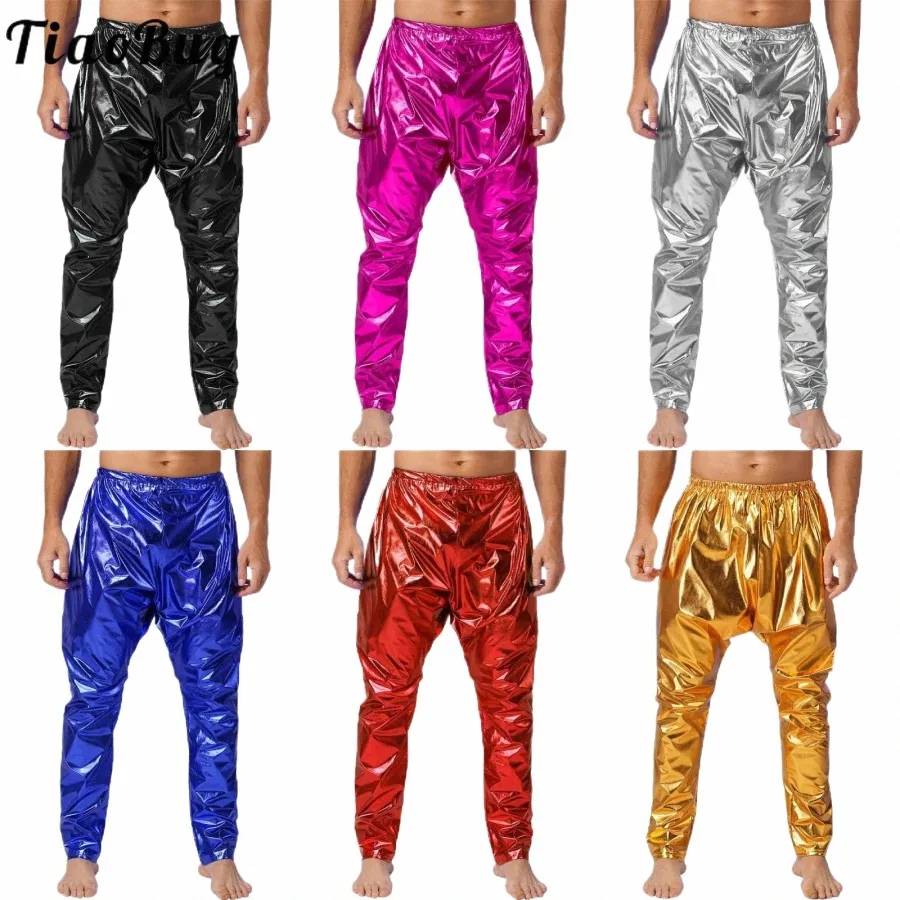 Pantaloni da uomo in oro leggero Harem Pantaloni lucidi a figura intera Pantaloni metallici Rave Outfit Disco Stage Performance Costume H4fK #