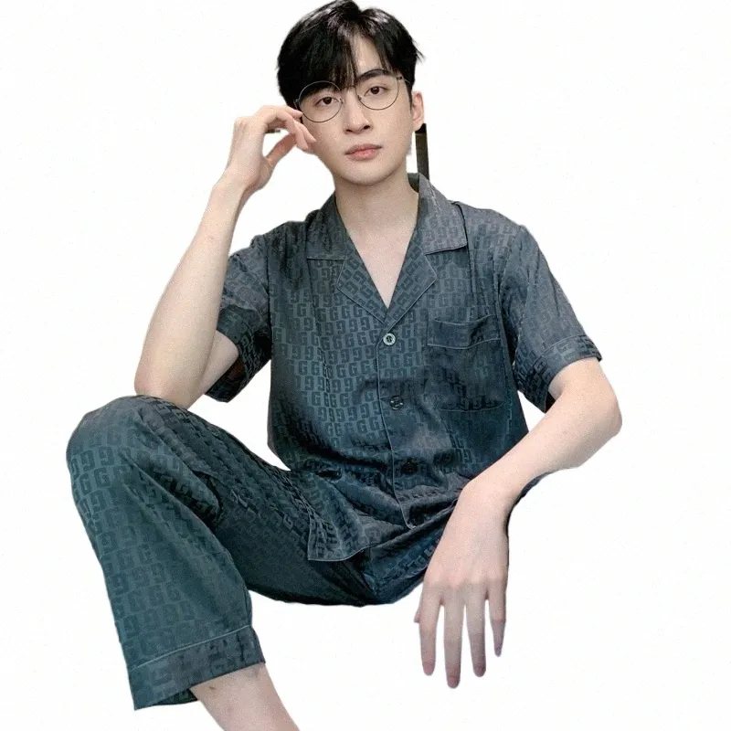 summer Ice Silk Pajamas Men's Pants Short Sleeve Home Wear Spring Sleepwear Set Female Breathable Satin Nightwear Gentlemen E5EJ#