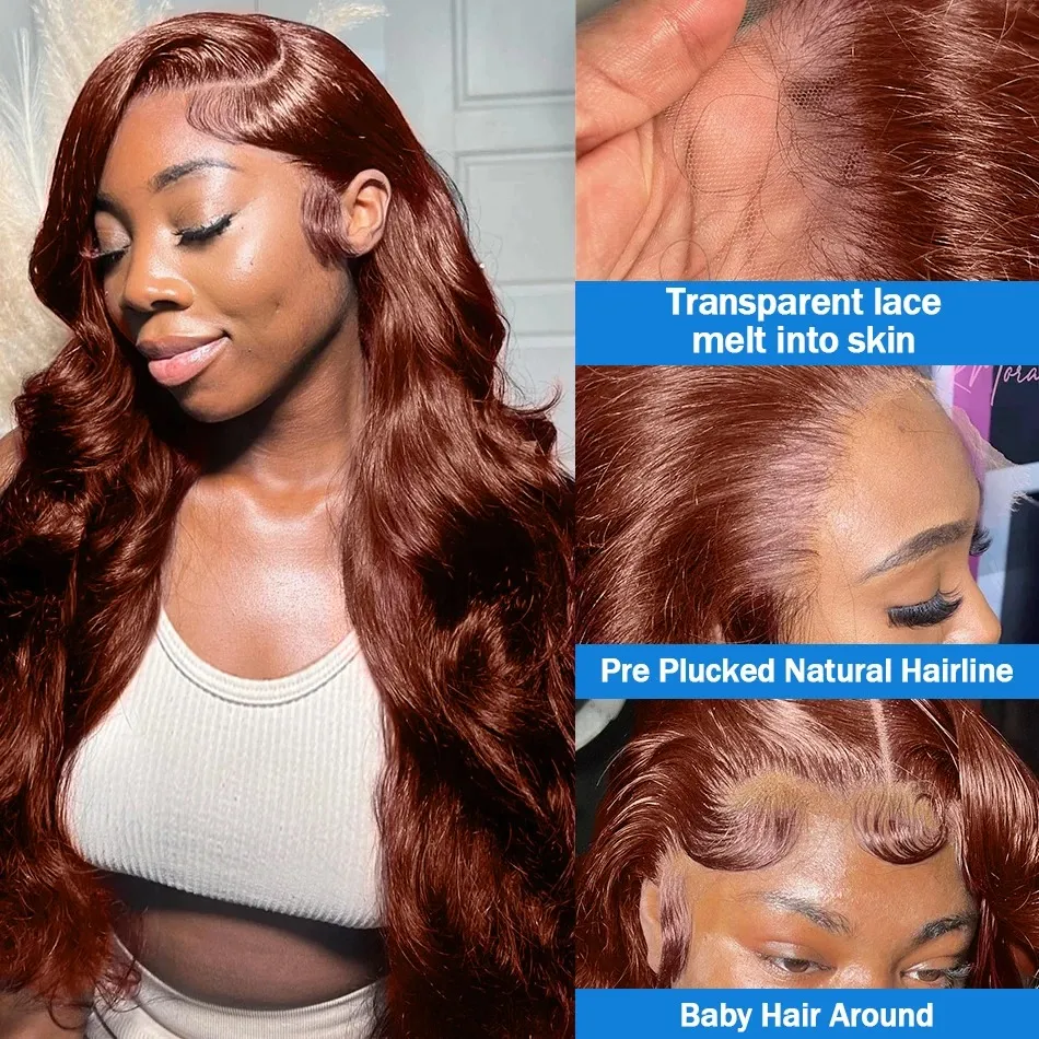 13x4 brun rougeâtre vague de corps 30 pouces dentelle frontale perruque de cheveux humains 250% 13x6 HD dentelle frontale perruque brésilienne perruque de cheveux humains pour les femmes