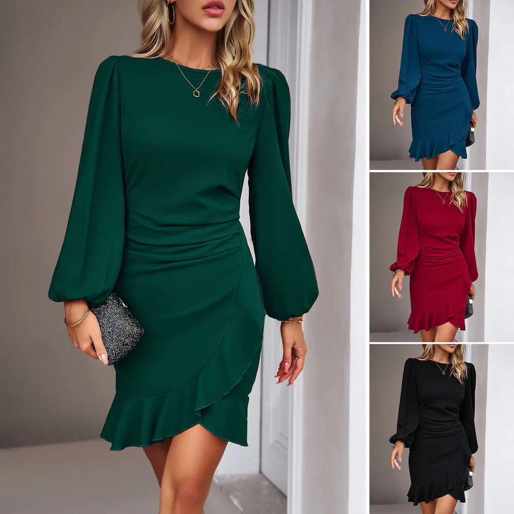 Diyun Autumn/Winter New Womens Fashion Style Bubble Sleeve Clear Color Dress