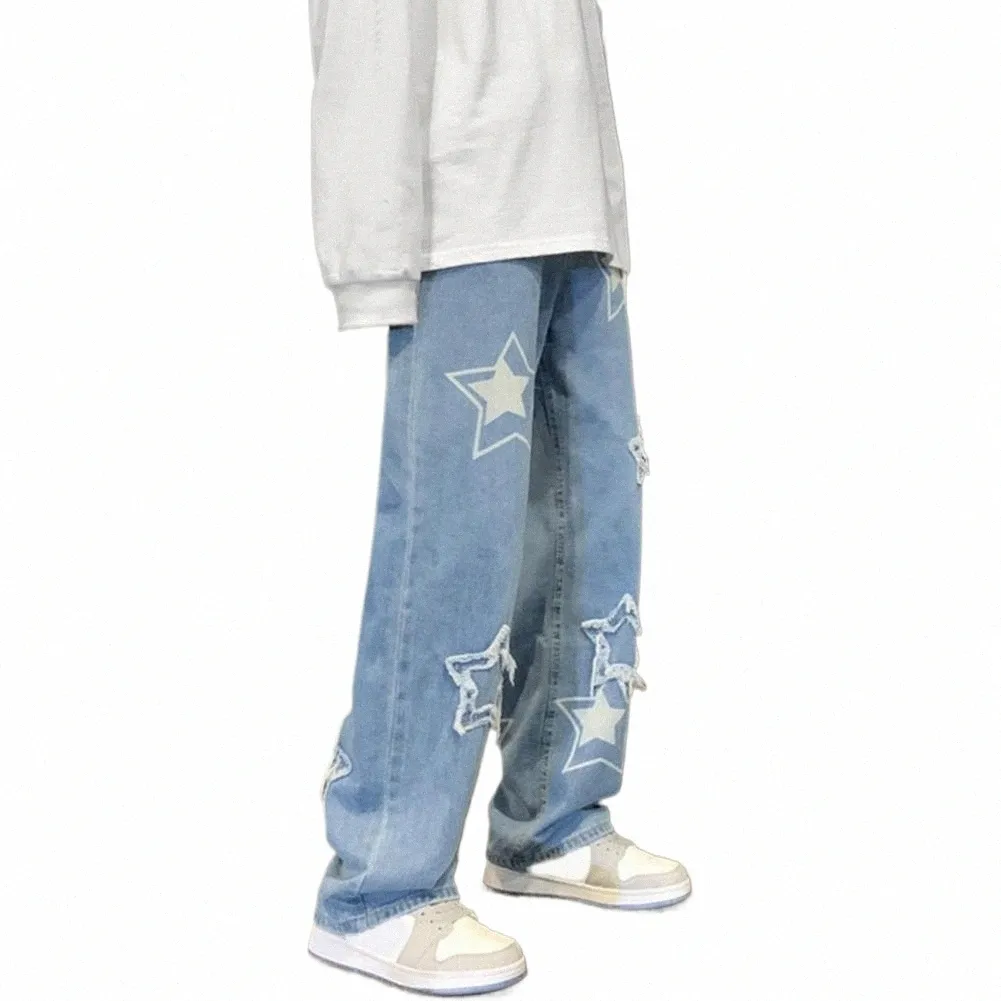 Män denim byxor femspetsiga stjärnmönster broderier lösa breda ben streetwear solid mid midja baggy jeans raka byxor k86r#