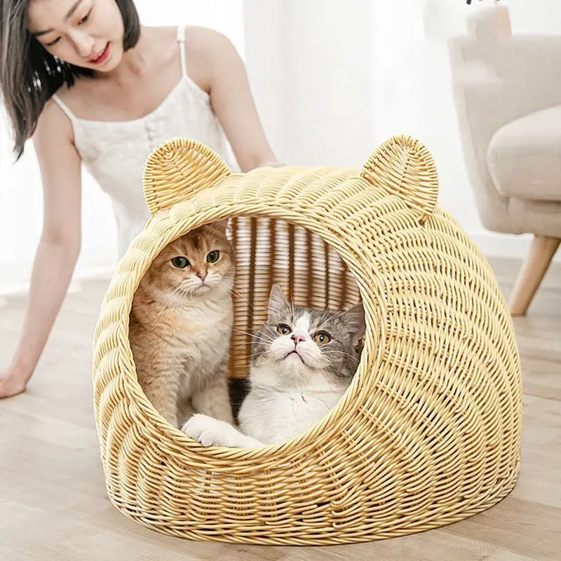 Mats Imitation Vine Basket Indoor Cat House、涼しいペットの巣、子犬のベッド、犬の巣、素敵なモデリング、快適で洗える