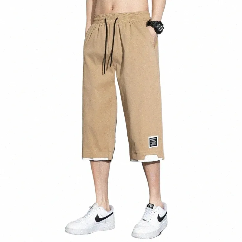 summer Man Versatile Casual Shorts Kore Streetwear Fi Elastic Waist Baggy Khaki Black Green Big Size New Capri Pants 8XL a5MU#