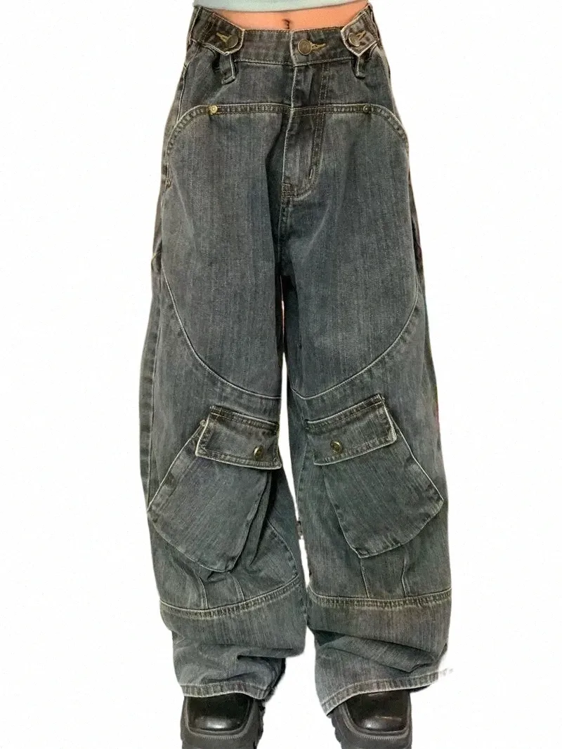 Tamanho grande Retro Punk Estilo Grande Bolso Ferramentas Jeans Mulheres Street Fi Calças de perna reta Y2k Calças soltas Mop para homens u3Mo #