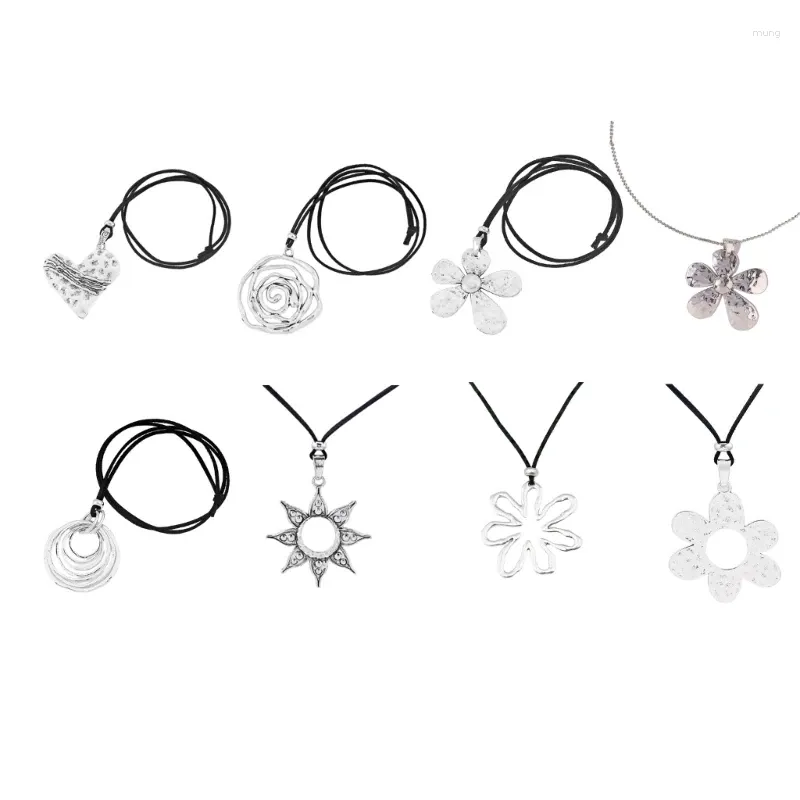 Pendant Necklaces Silver Color Large Abstract Hollow Flower Necklace Long Black Rope Statement Jewelry Gift For Women