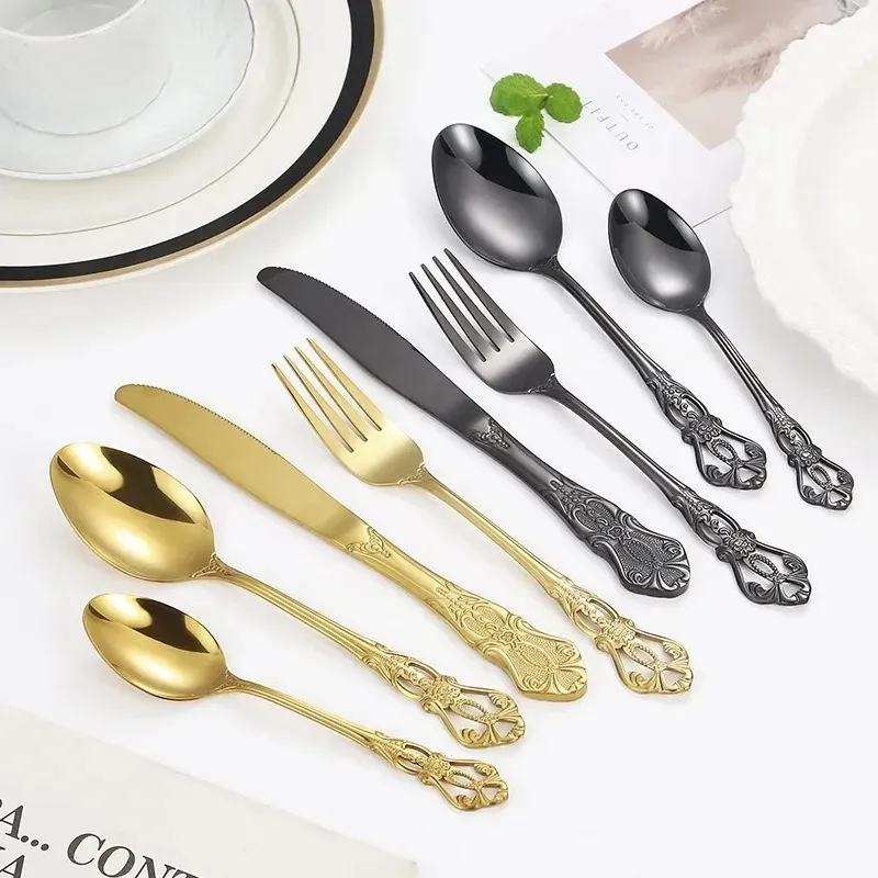 Gold Cutlery Set European Style Stainless Steel Spoon Fork Royal Steak Knife Retro Hollow Design Dinnerware Set Home Decor