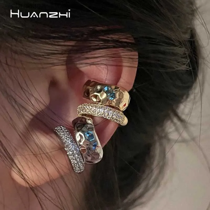 Ear Cuff Ear Cuff HUANZHI Water Diamond Metal Double Layer Earbone Clip Ear Clip Perforated Womens Y2K Retro Jewelry New Y240326