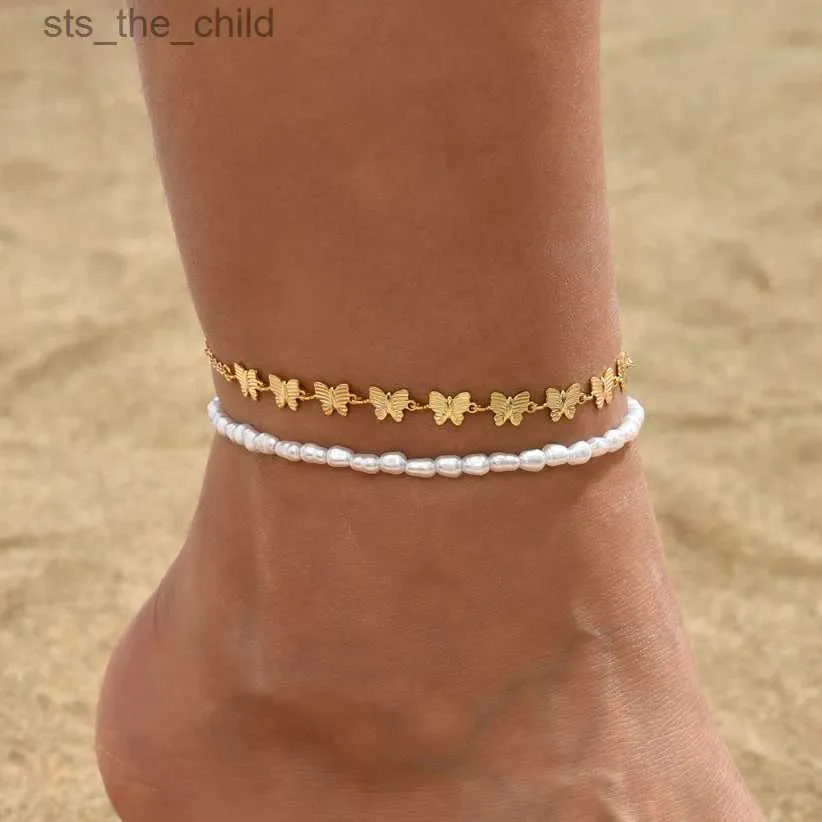 Anklets Bohemian simulated pearl chain ankle bracelet womens double-layer golden butterfly ankle bracelet summer ankle braceletC24326