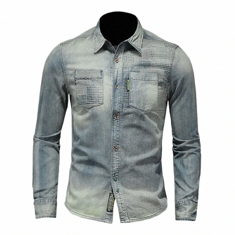 Printemps Automne Rétro Jeans Veste Chemises Pour Hommes Vêtements Bomber Aviator Moto Revers Lg Manches Denim Chemise Cowboy Outwear a4IB #