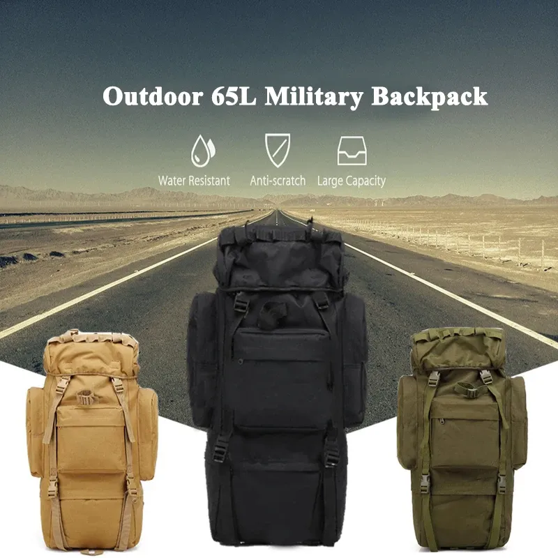 Bolsas impermeabilizadas de 65l de mochila militar ao ar livre Backpack Sacos de caça tática Airsoft Rifle Backpack Trekking Halking Saco de viagem