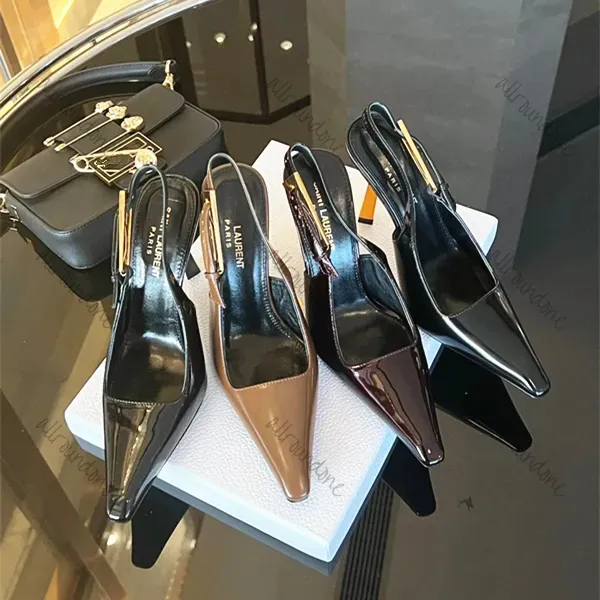 Lady Prom Dress Dance Even Designer Heel High Heel Shoe Lee Mirrored Leather Slingback Pump Womens Black Brown White Prad Borsted Triangle höjda skor 35-40