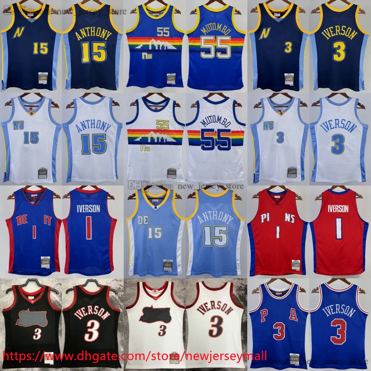 Bedruckter klassischer Retro-Basketball 2006–07, 15 CarmeloAnthony-Trikot, Vintage 55 DikembeMutombo 3 AllenIverson-Trikots, Hemden, Blau, Weiß, 1991–92, Iverson 1997–98