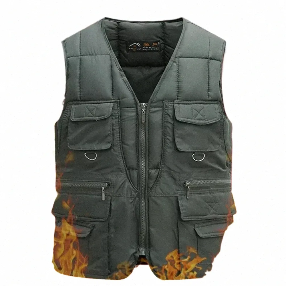 classic Multi-Pocket Men's Padded Vest Winter Warm Sleevel Coat Tactical Vest Jacket for Men Solid Lightweight Male Waistcoat F1pD#