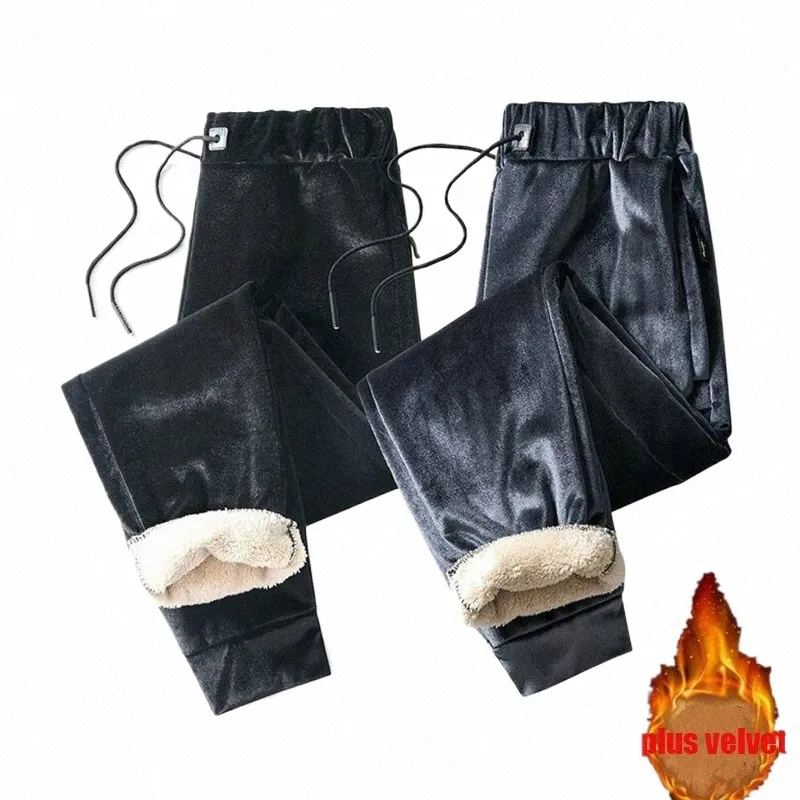 Pantalones casuales de invierno Hombres Pantalones de chándal Sueltos Plus Veet Pantalones engrosados ​​Más tamaño Cremallera Bolsillo Recto Chándal Joggers b7Ch #