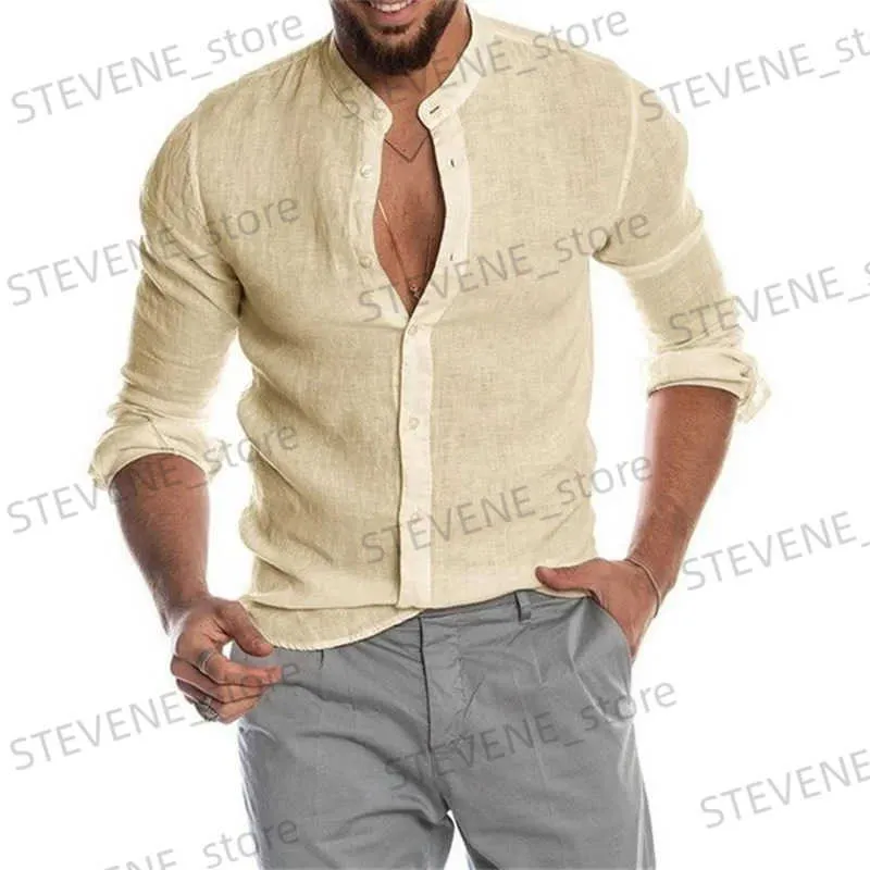 Men's T-Shirts Mens Fashion Casual Solid Color Shirt Button Linen Cotton Comfortable Daily Top Long Slve Shirt T240325