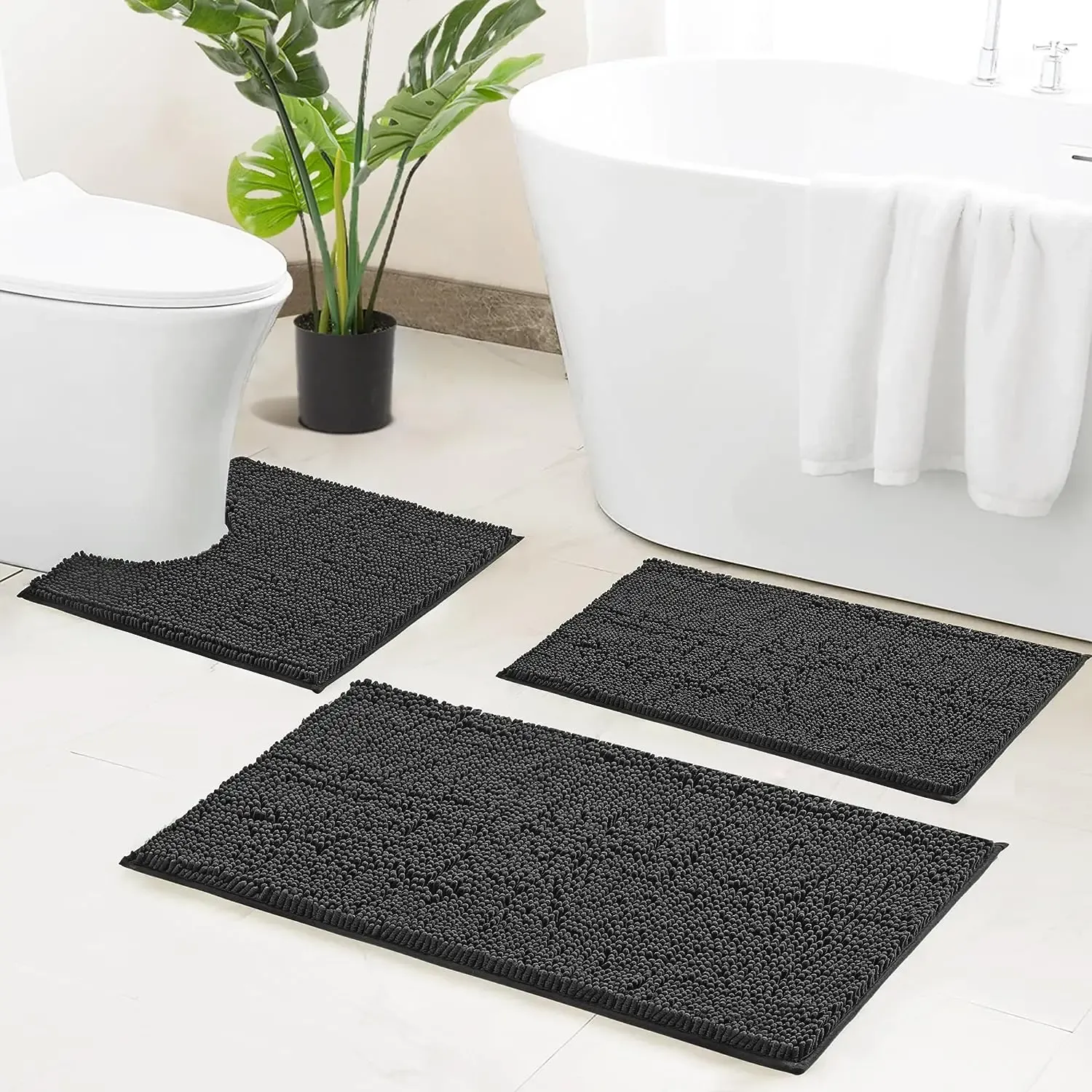 Luxury Chenille Bath Mat Set Soft Plush, Anti Slip, US Shaped Toilet ...