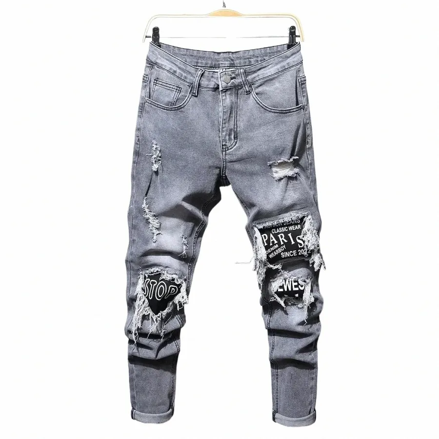 Homens Bordados Jeans Homens Cott Stretchy Rasgado Jeans Skinny de Alta Qualidade Hip Hop Buraco Preto Slim Fit Calças Jeans Oversize C07i #