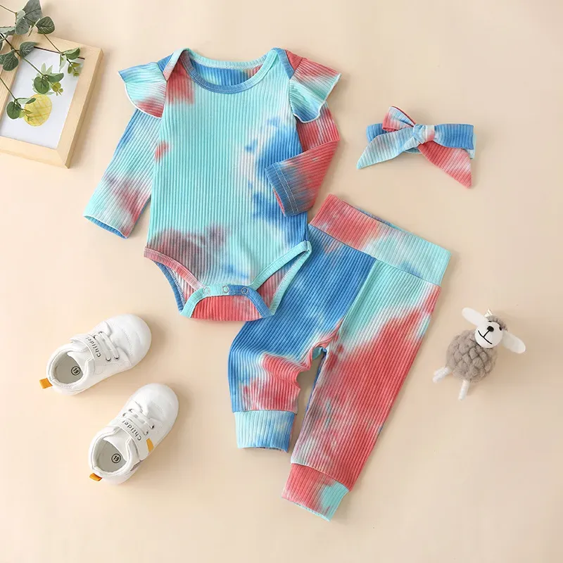 Girls Designer Clothes Kids Tie-Dye Pit Striped Clothing Sets Summer Boutique Rompers Pants Headband Suits Breathable Casual Jumpsuits Trousers Outfits B8095