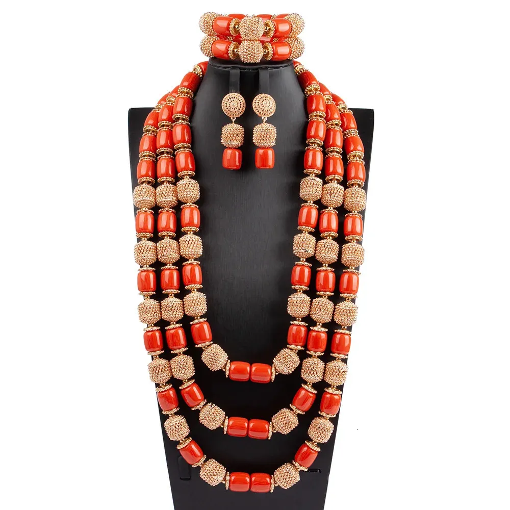 Fashion 3 Layers Long Women Necklace Earrings Bracelet Suit African Nigeria Wedding Artificial Coral Bead Jewelry Set Free Ship 240314