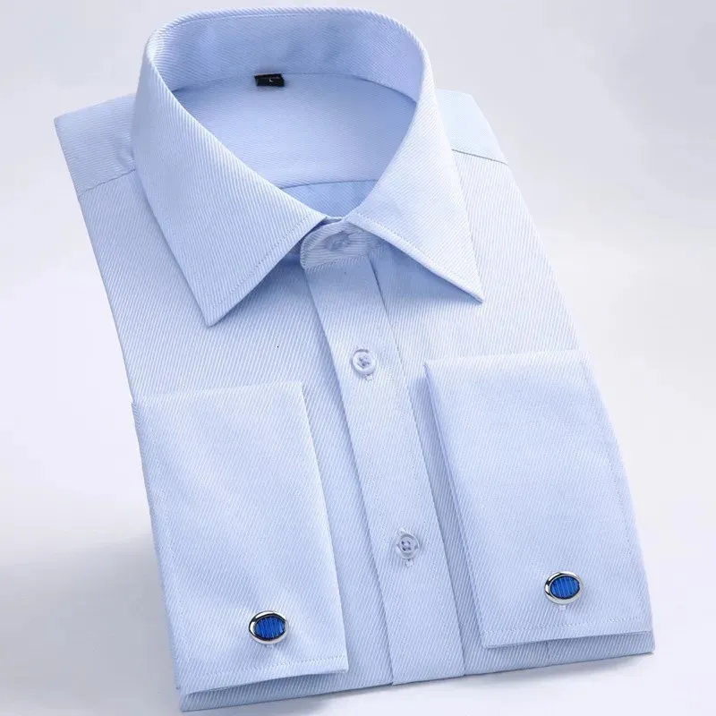 Mens Solid French Cuff Dress Shirt Lång ärm Formella affärsknappar Manliga skjortor Regelbundet passar manschettknappar Skjorta240325