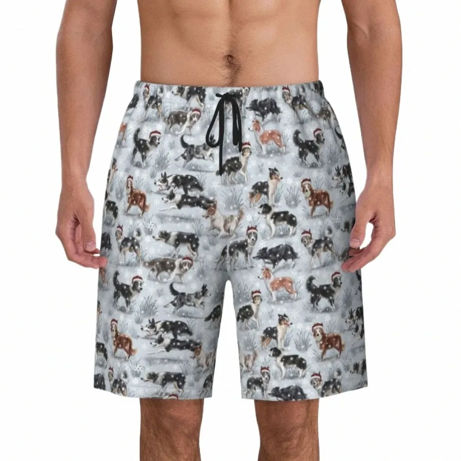 Śliczne świąteczne granice collie pies męskie pnie kąpielowe stroje kąpielowe szybkie suche deski plażowe szorty Pet Animal pływające tablice z5fm#