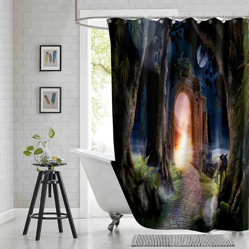 シャワーカーテンおとぎ話の森のカーテンアーチウェイガーデンランドスケーププリントポリエステル生地フック付き防水バスルーム