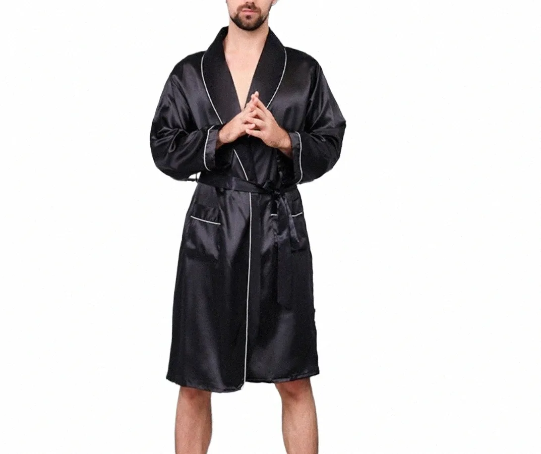 2024 homens verão fino pijamas robes homewear homens lg manga kimo roupão de seda preto cetim sleepwear masculino lounge nightwear f4jg #