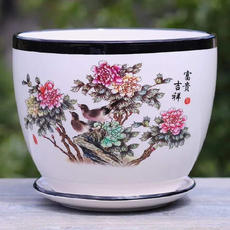 Films Chine Jingdezhen Pot de fleur en céramique Vintage peinture à l'encre bureau décoratif Vase intérieur verdure paysage respirant Pot de fleur