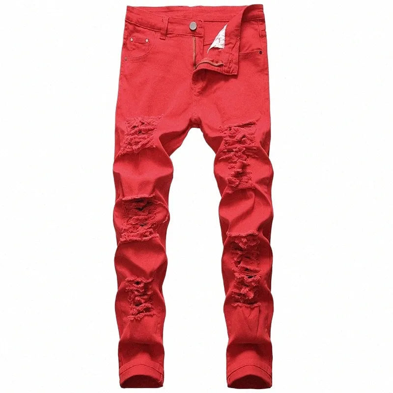 Мужские джинсовые джинсы с дырками, рваные брюки, дизайнерские брендовые шелковые прямые рваные брюки, белые, красные, черные, большого размера 41T0 #