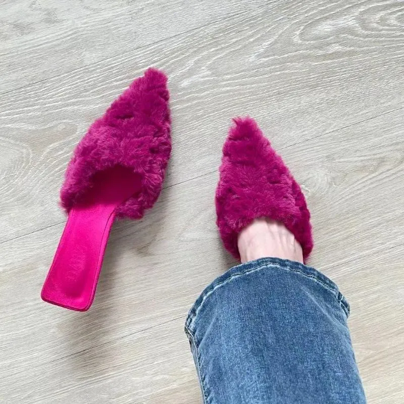 Slippers Stiletto High Heels Luxury Furry Pointed Toe Suede Party Baotou Sandals Office Shallow Beige Sexy Women 2024 Winter