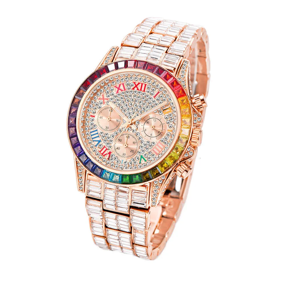 2024 Mode Hip Hop Lao Jia Luxus Rainbow Di Full Square Diamond Three Eyes Roman Digital Herrenuhr