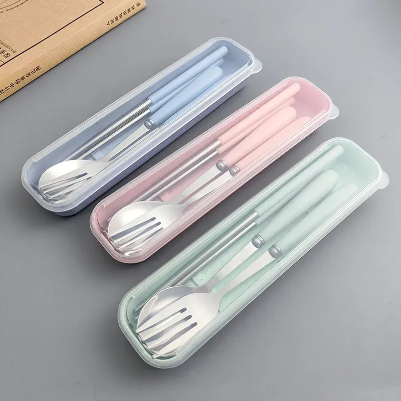 4PCS/Set Wheat Straw Tableware Box Spoon Fork Chopsticks Cutlery Dinnerware Children Adult Travel Portable Kitchen Accessories