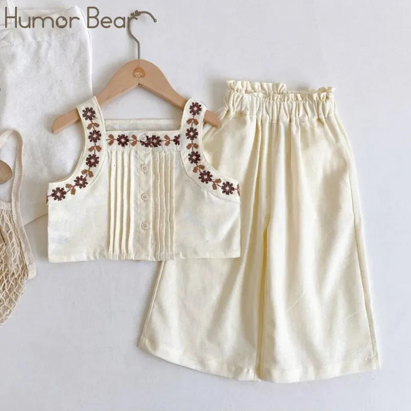 Humor Bear Summer Girls Set mouwloos borduurvestwide been pant 2pcs peuter Koreaanse stijl kinderen 240325