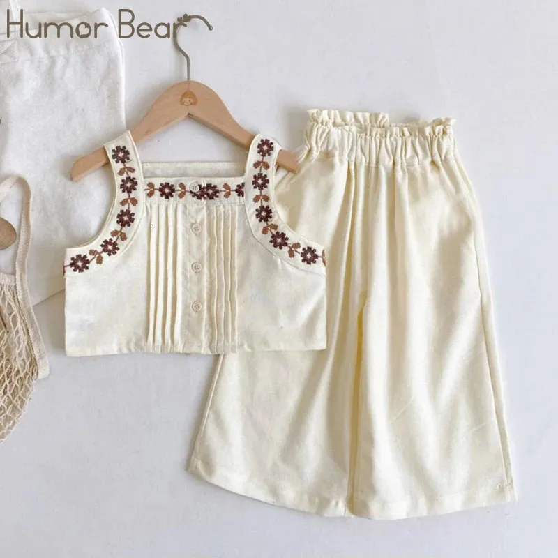 Humor Bear Summer Girls Clothes Set Sleeveless Embroidery VestWide Leg Pant 2Pcs Toddler Korean Style Kids 240325